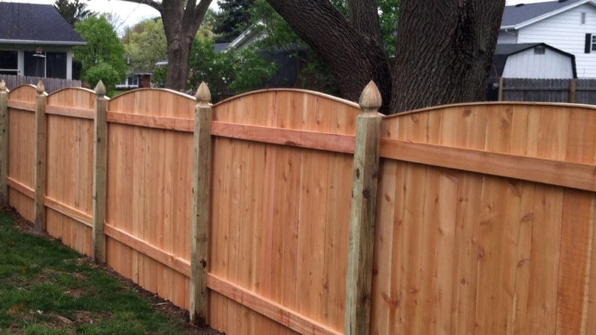 New wood privacy fence with arched top boards running along a suburban backyard