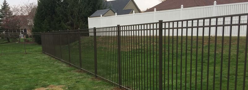 Black aluminum fence enclosing a grass yard